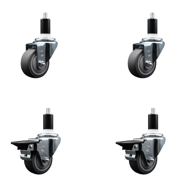 3'' Thermoplastic Rubber Wheel Swivel 1-3/8'' Expanding Stem Caster Set 2 Brakes, 4PK